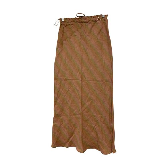 Zara Womens Midi Linen Skirt A-Line XS Pink Tan Plaid Drawstring 4043/077 NWT - Picture 2 of 15